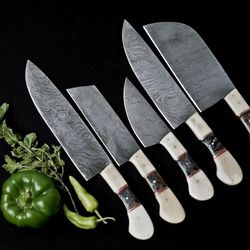 custom handmade damascus steel chef knife set of 5 | full tang hunting knives with leather sheath