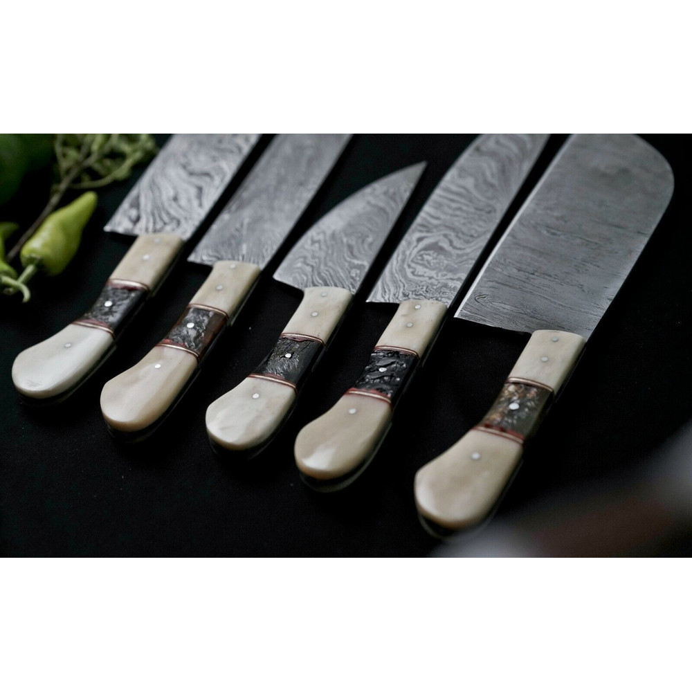Custom Handmade Damascus Steel Chef Knife Set Of 5 Full Tang Hunting Knives With Leather Sheath 3