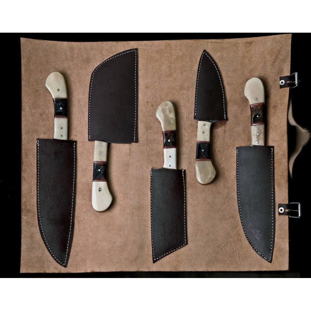 Custom Handmade Damascus Steel Chef Knife Set Of 5 Full Tang Hunting Knives With Leather Sheath 4