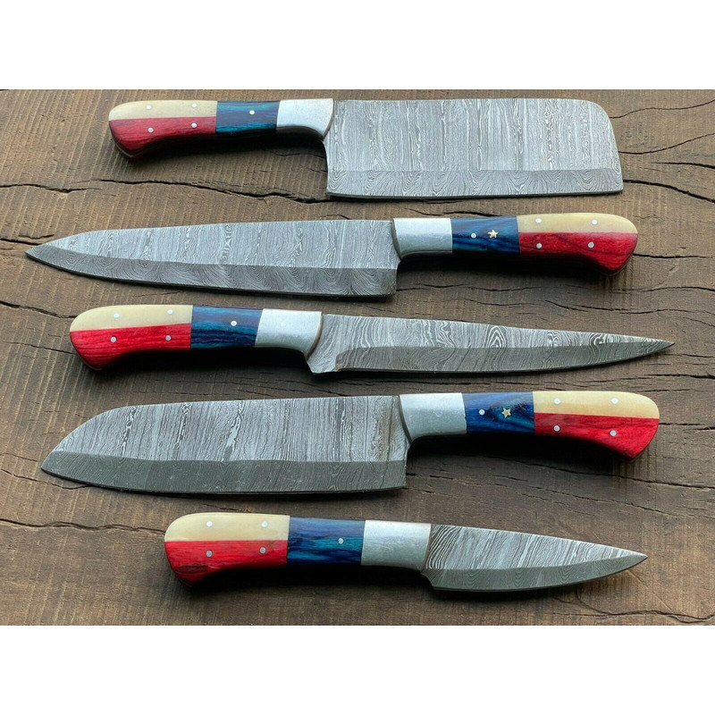 5Piece Handmade Damascus Steel Chef Knife Set Custom Kitchen Knives Forged Full Tang Blades 1