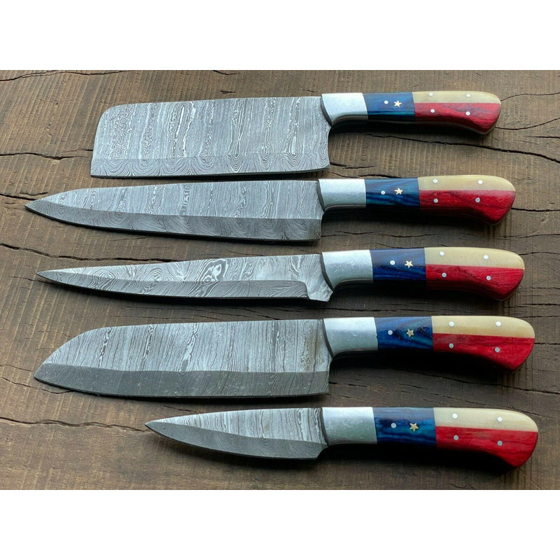 5Piece Handmade Damascus Steel Chef Knife Set Custom Kitchen Knives Forged Full Tang Blades 2
