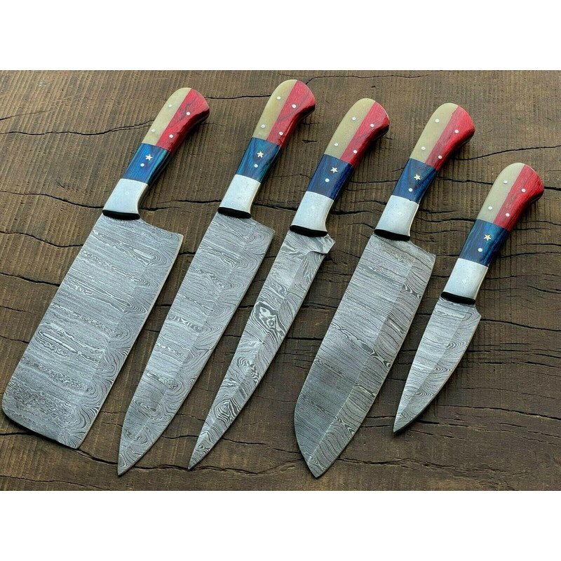 5Piece Handmade Damascus Steel Chef Knife Set Custom Kitchen Knives Forged Full Tang Blades 0
