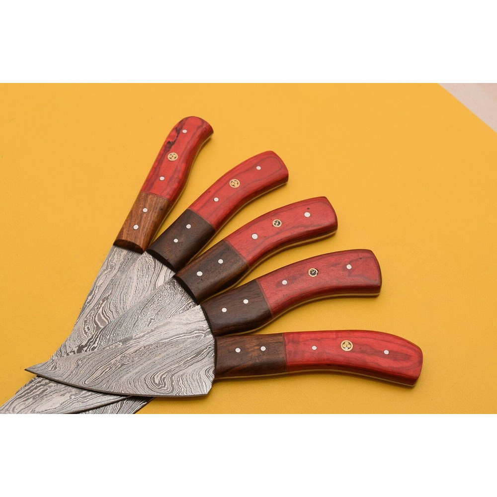 Handmade Damascus Chef Knife Set Lot Of 5 Dollar Wood Handle With Leather Sheath 3