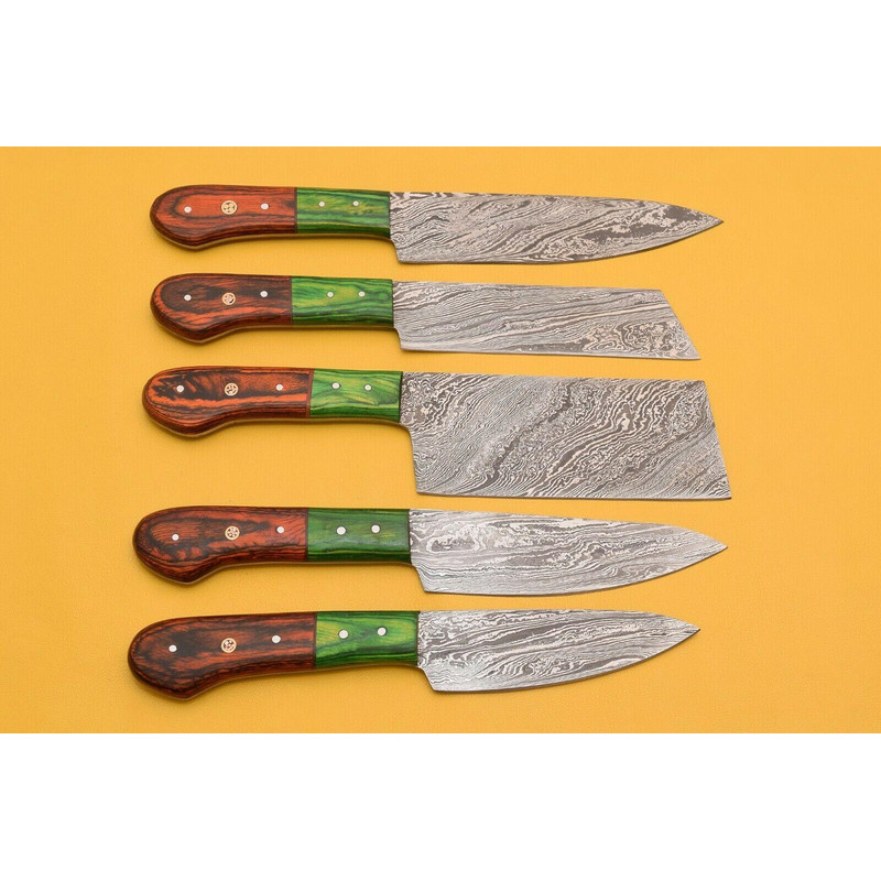 Handmade Damascus Chef Set 5 Pc Knife Lot With Dollar Wood 0