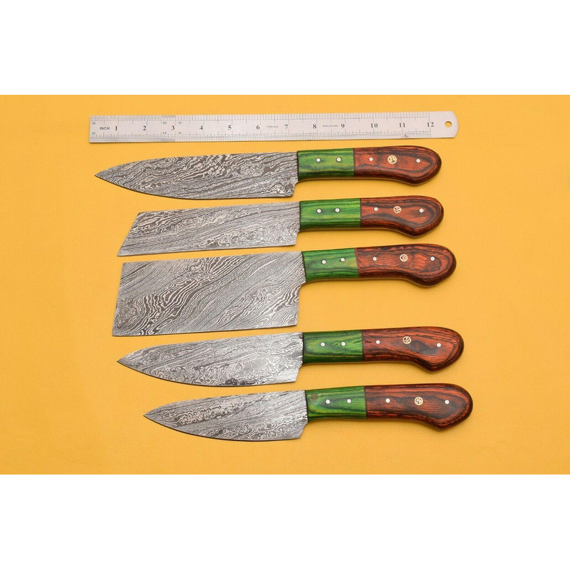 Handmade Damascus Chef Set 5 Pc Knife Lot With Dollar Wood 1
