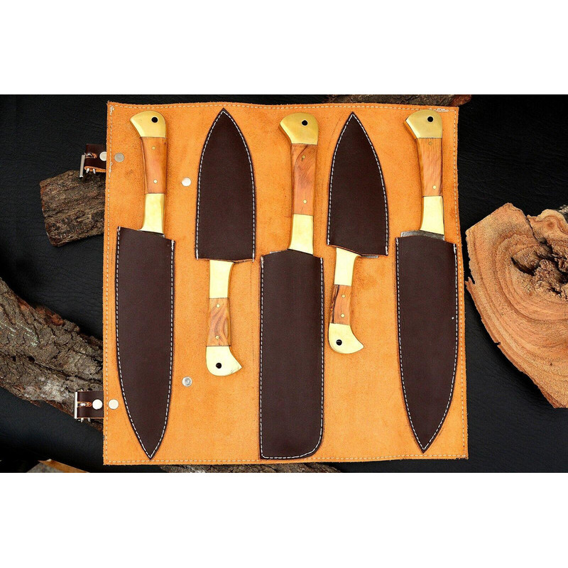 Custom Handmade Damascus Steel Kitchen Chef Knife Set 5 Pc Hand Forged Knives With Wood Handle 3