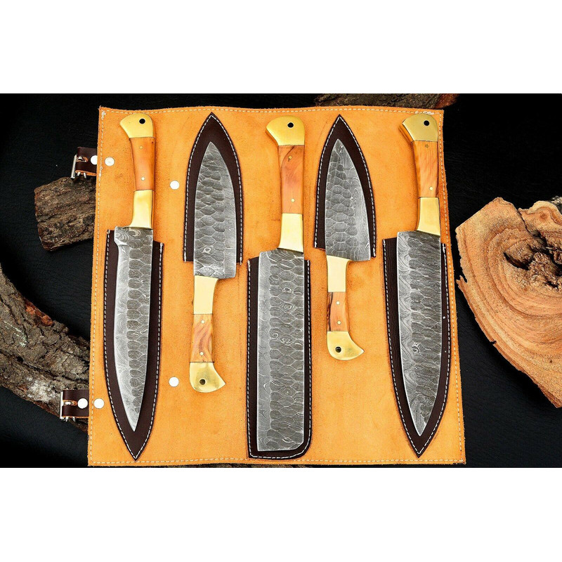 Custom Handmade Damascus Steel Kitchen Chef Knife Set 5 Pc Hand Forged Knives With Wood Handle 2