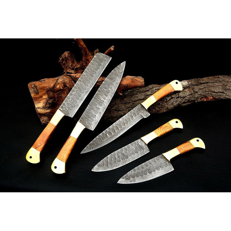 Custom Handmade Damascus Steel Kitchen Chef Knife Set 5 Pc Hand Forged Knives With Wood Handle 0