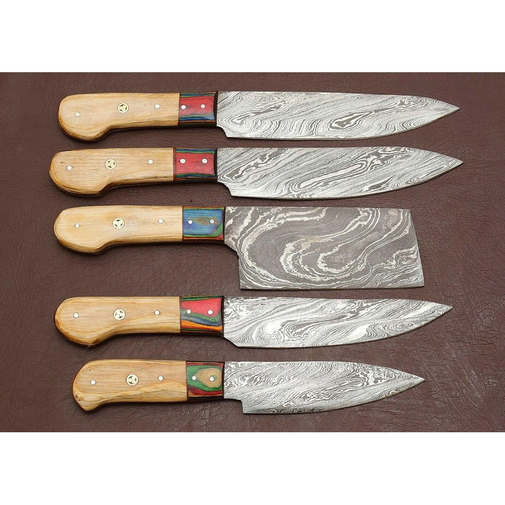 Custom Damascus Steel Chef Knives Set Of 5 Forged Kitchen Cutlery 1