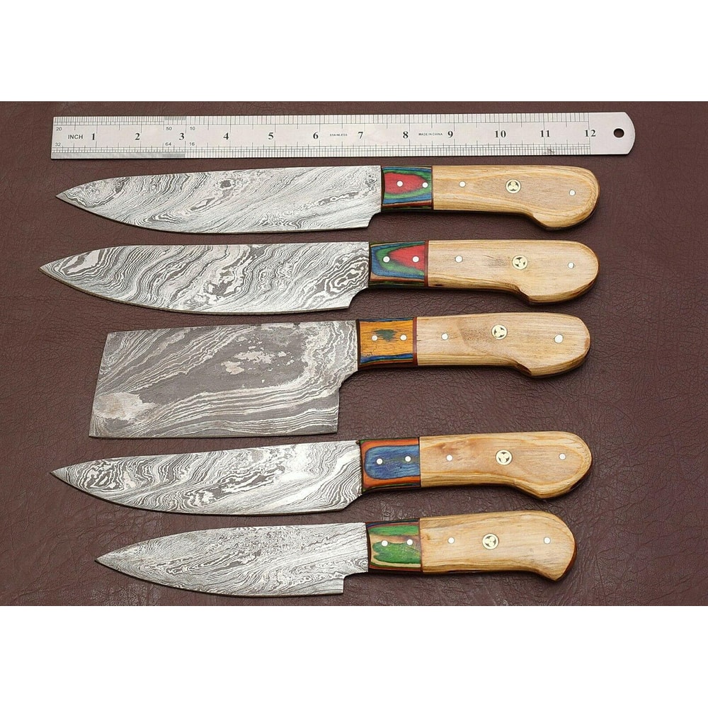 Custom Damascus Steel Chef Knives Set Of 5 Forged Kitchen Cutlery 0