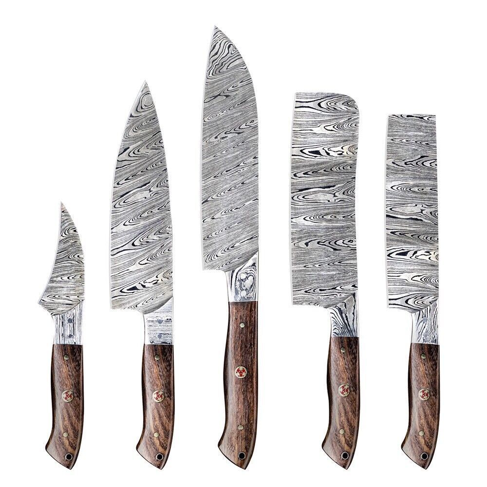 Damascus Steel Forged Kitchen Knives 5 Pc Handmade Chef Set 0
