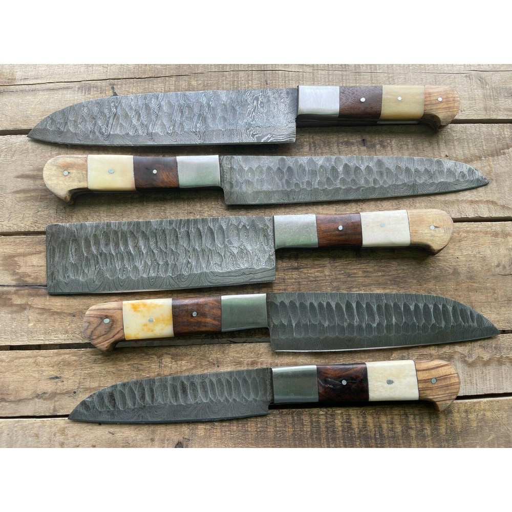 Hand Forged Damascus Steel Chef Knife Set 5 Piece Kitchen BBQ Knives With Leather Sheath 1