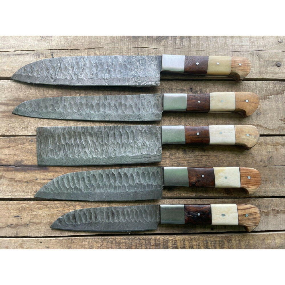 Hand Forged Damascus Steel Chef Knife Set 5 Piece Kitchen BBQ Knives With Leather Sheath 2