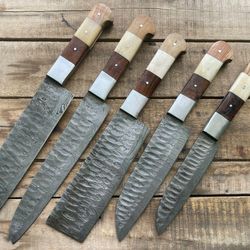 hand forged damascus steel chef knife set | 5 piece kitchen & bbq knives with leather sheath