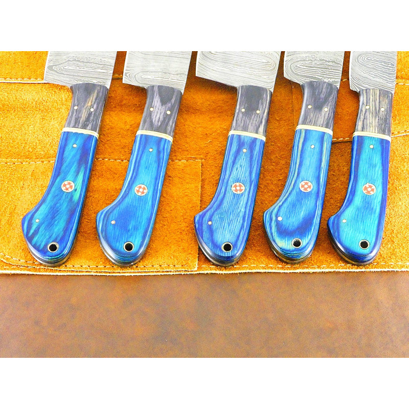 Handcrafted Damascus Steel 5 Piece Chef Knife Set With Leather Sheath 1