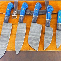 handcrafted damascus steel 5 piece chef knife set with leather sheath