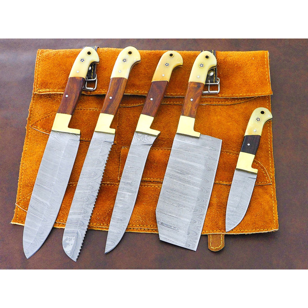 Damascus Steel Chef Knife Collection 5 Pc Handmade Kitchen Set 0