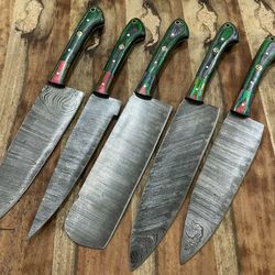 custom forged damascus steel 5 pc kitchen knife collection