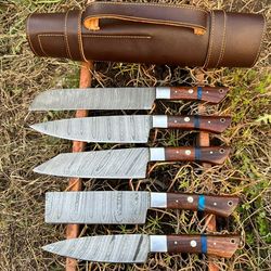 hand forged damascus steel chef set | 5 pc kitchen cutlery with wooden handle