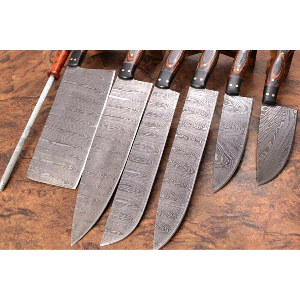 7 PCS Handmade Damascus Steel Chef Knife Set Full Tang Kitchen Cutlery With Micarta Handle Leathe 3