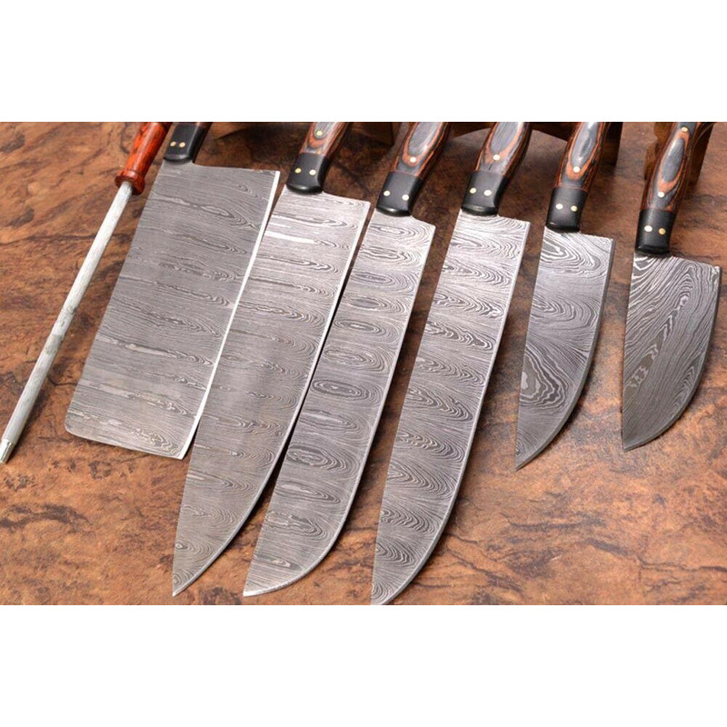 7 PCS Handmade Damascus Steel Chef Knife Set Full Tang Kitchen Cutlery With Micarta Handle Leathe 3