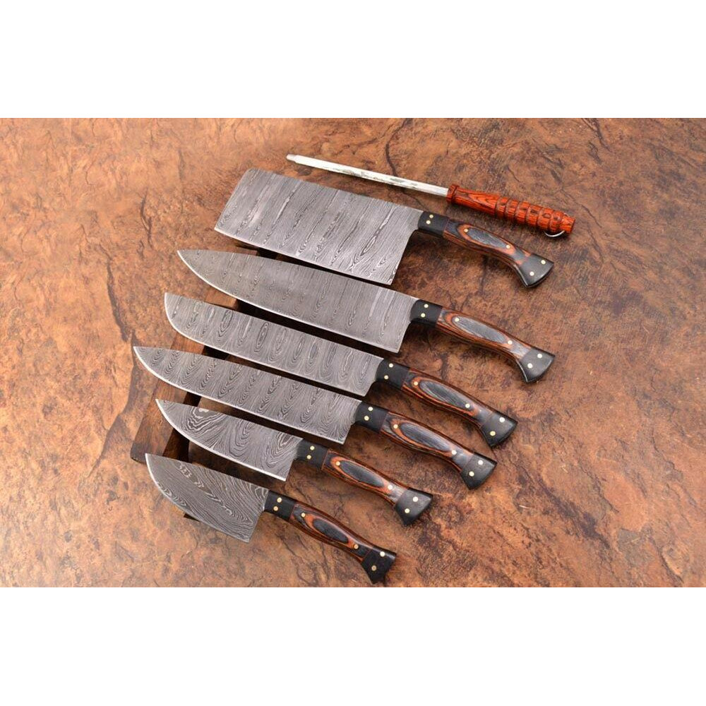 7 PCS Handmade Damascus Steel Chef Knife Set Full Tang Kitchen Cutlery With Micarta Handle Leathe 0
