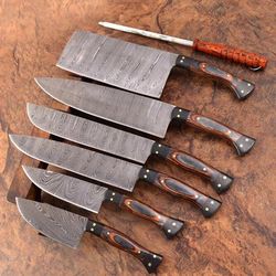 7 pcs handmade damascus steel chef knife set | full tang kitchen cutlery with micarta handle & leather roll