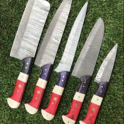 5pc custom damascus steel chef knife set with pakkawood handle