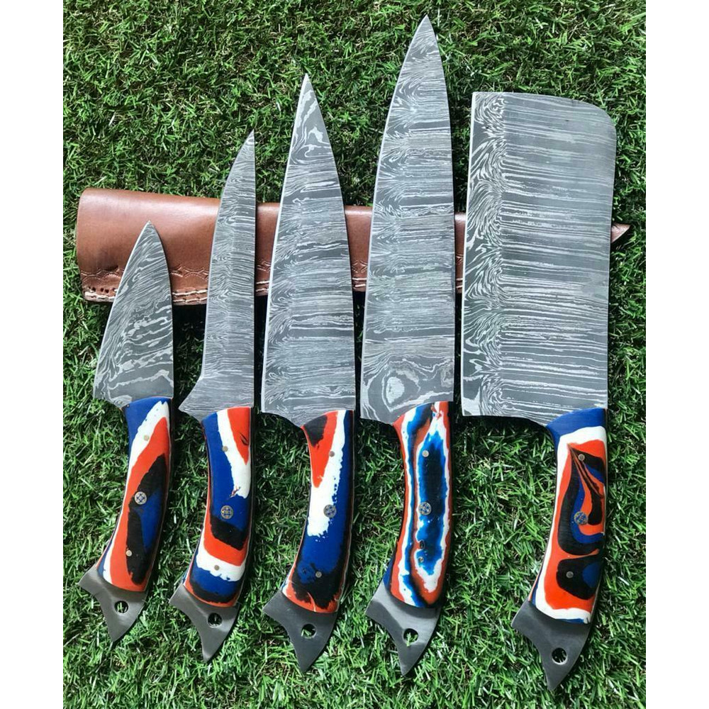 Twist Pattern Damascus Steel Kitchen Knife Set Handmade Chef Knives 1
