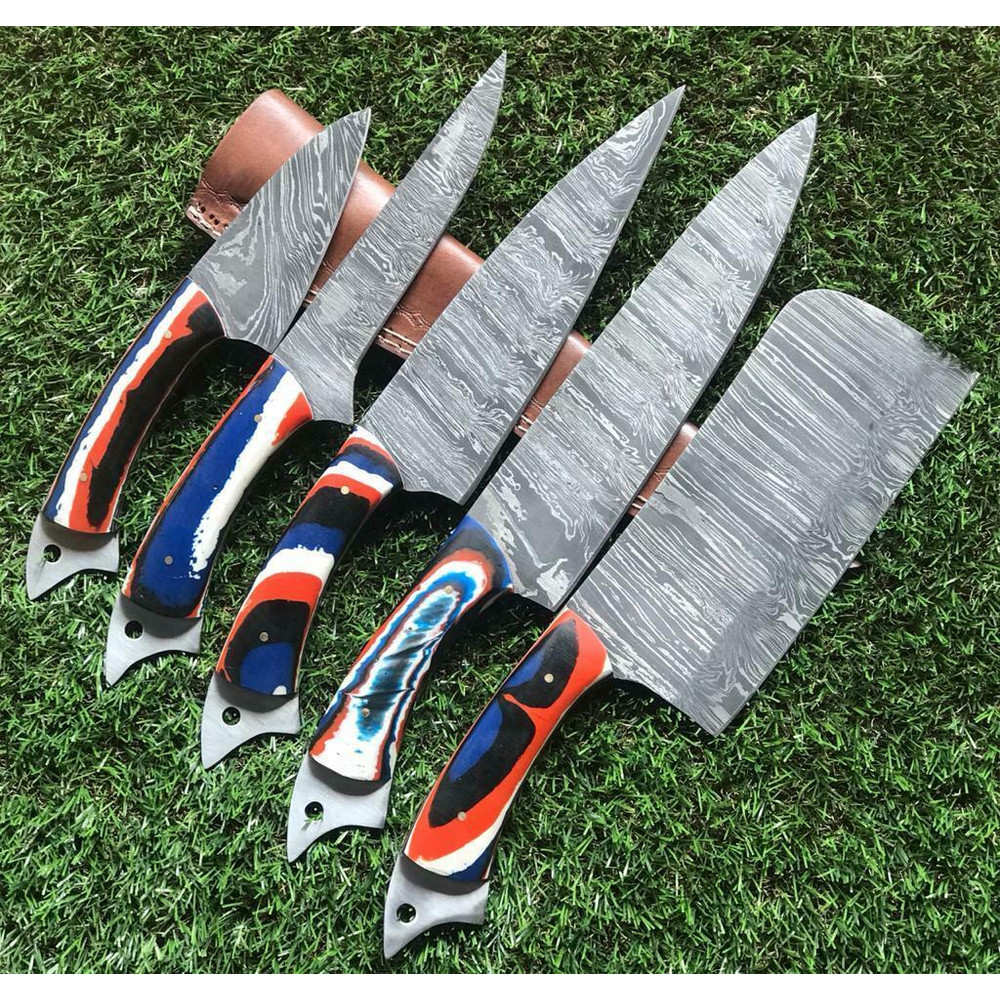 Twist Pattern Damascus Steel Kitchen Knife Set Handmade Chef Knives 2
