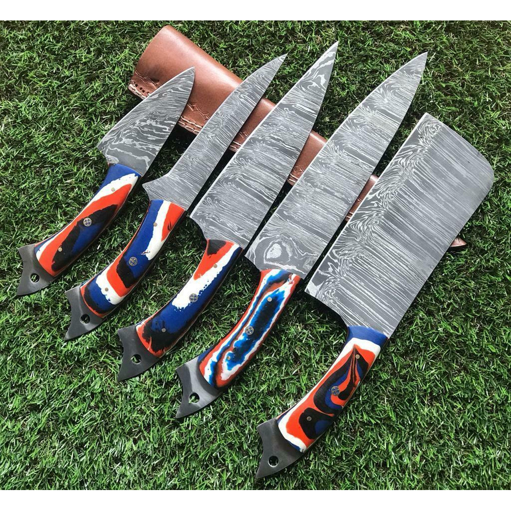 Twist Pattern Damascus Steel Kitchen Knife Set Handmade Chef Knives 0