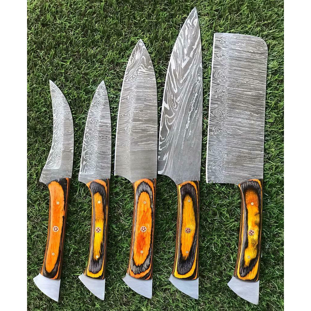 Custom Damascus Steel Chef Knives With Pakkawood Handle Handmade Set 3
