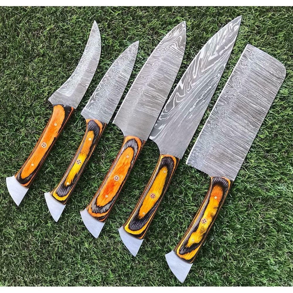 Custom Damascus Steel Chef Knives With Pakkawood Handle Handmade Set 0