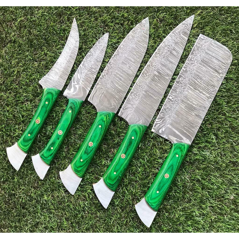 Chef Knife Set In Twist Damascus Steel Handmade Full Tang Knives 0