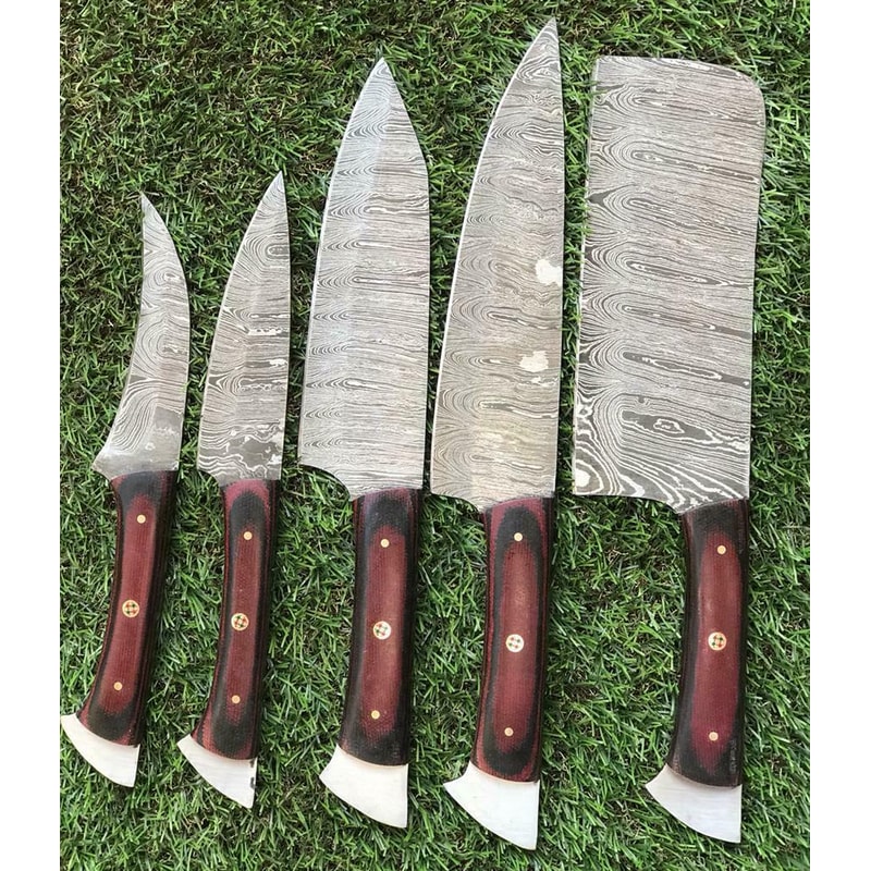 Twist Pattern Damascus Steel Kitchen Cutlery Set Handmade Knives 0