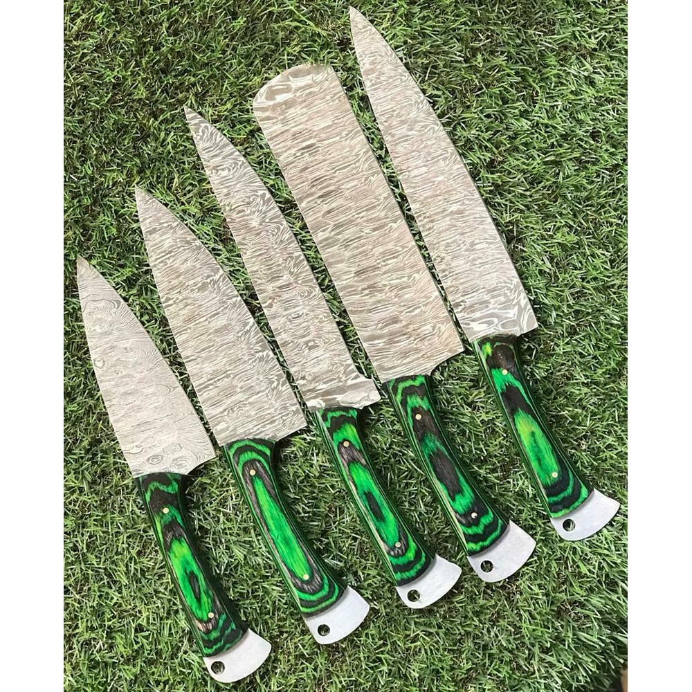 5Piece Handmade Damascus Kitchen Knives Set Twist Pattern Design 1