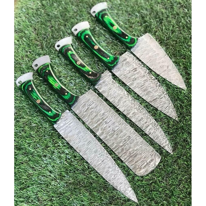 5Piece Handmade Damascus Kitchen Knives Set Twist Pattern Design 3
