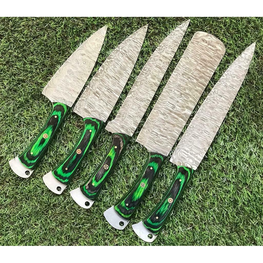 5Piece Handmade Damascus Kitchen Knives Set Twist Pattern Design 4