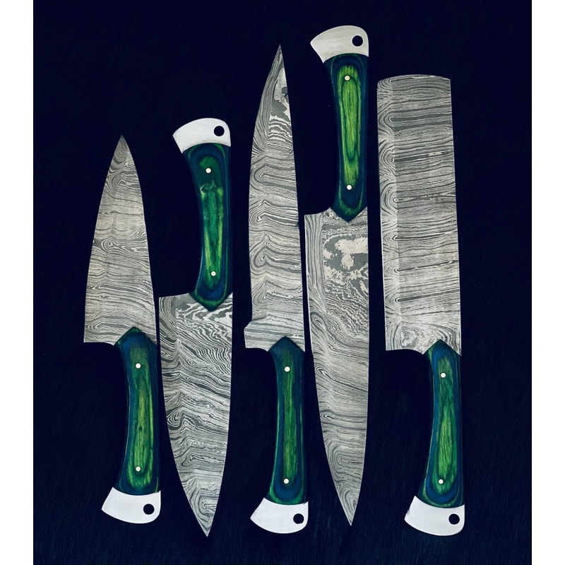 Handmade Damascus Steel Kitchen Knives Unique Twist Pattern Set 1