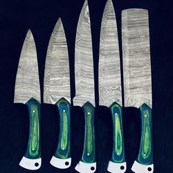 handmade damascus steel kitchen knives – unique twist pattern set