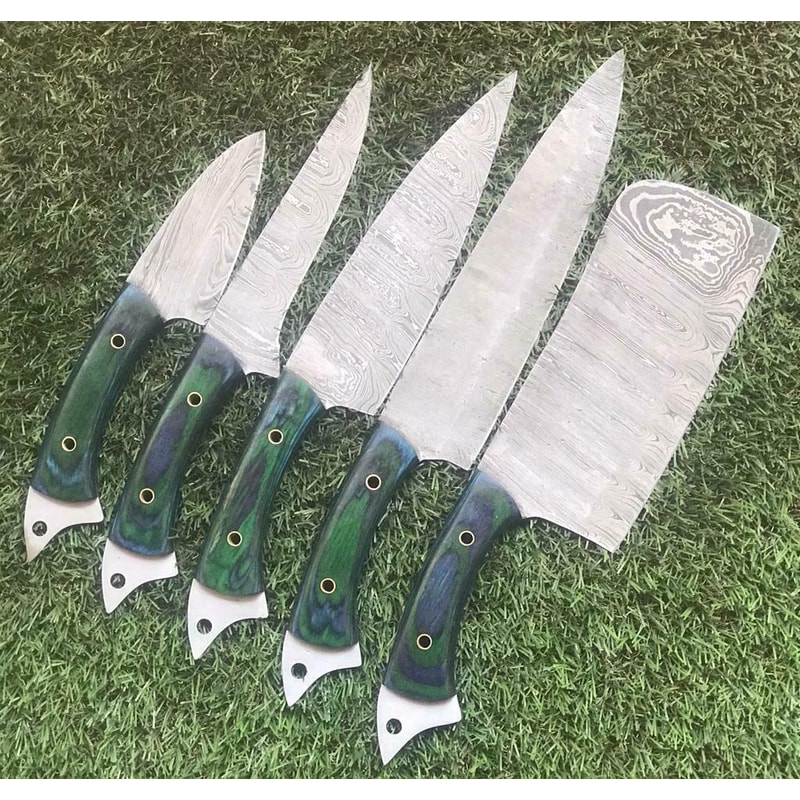 Unique Twist Damascus Chef Knives Custom Handmade Full Set 1