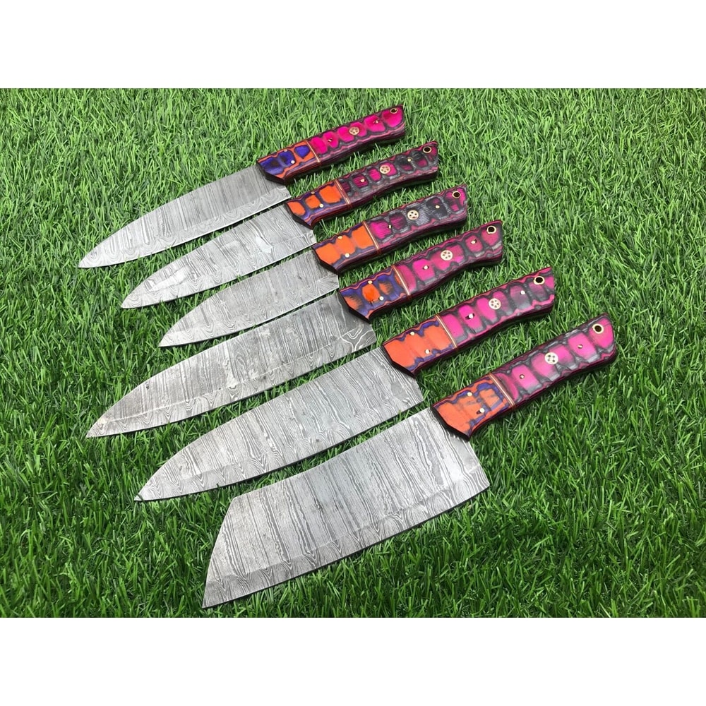 Custom Forged Damascus Steel Knives 6 Piece Camping Chef Set 0