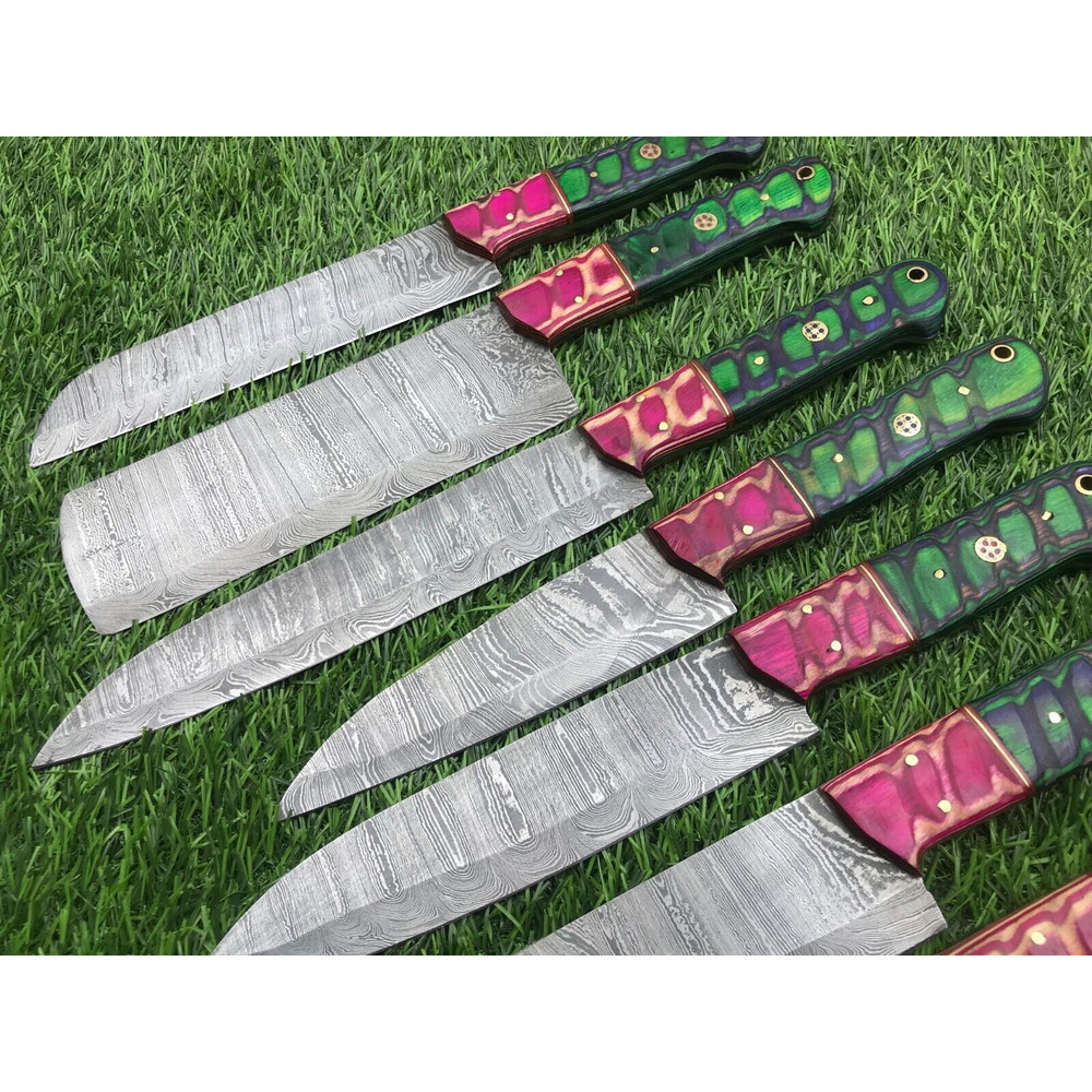 Damascus Steel Knife Set Of 7 Custom Handmade Kitchen Hunting 1