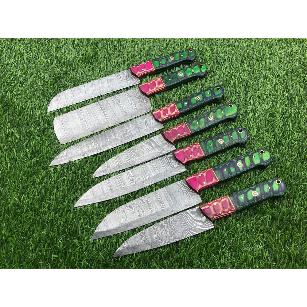 Damascus Steel Knife Set Of 7 Custom Handmade Kitchen Hunting 0