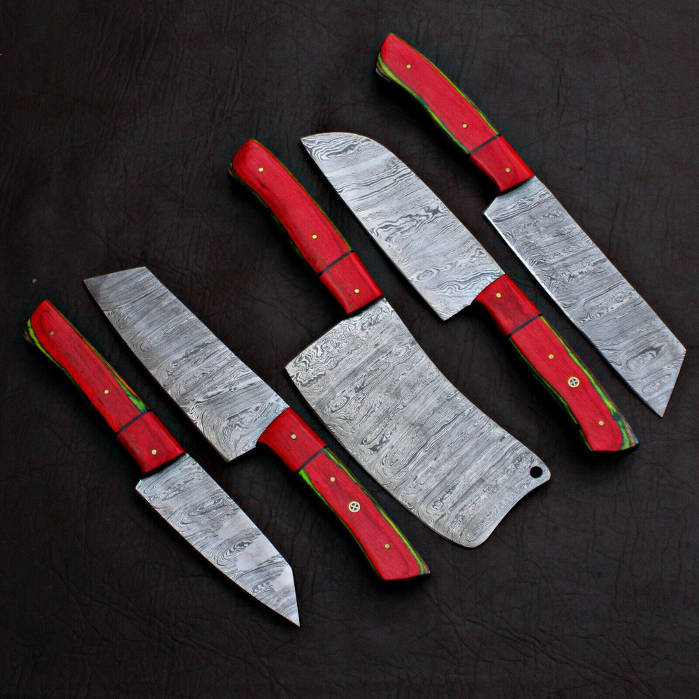 Damascus Steel Chef Knife Set 5 PCS With Elegant Wood Handles 1