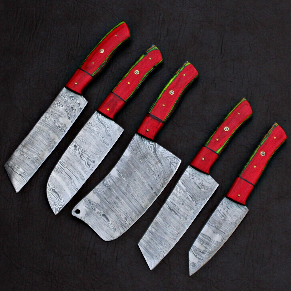 Damascus Steel Chef Knife Set 5 PCS With Elegant Wood Handles 0