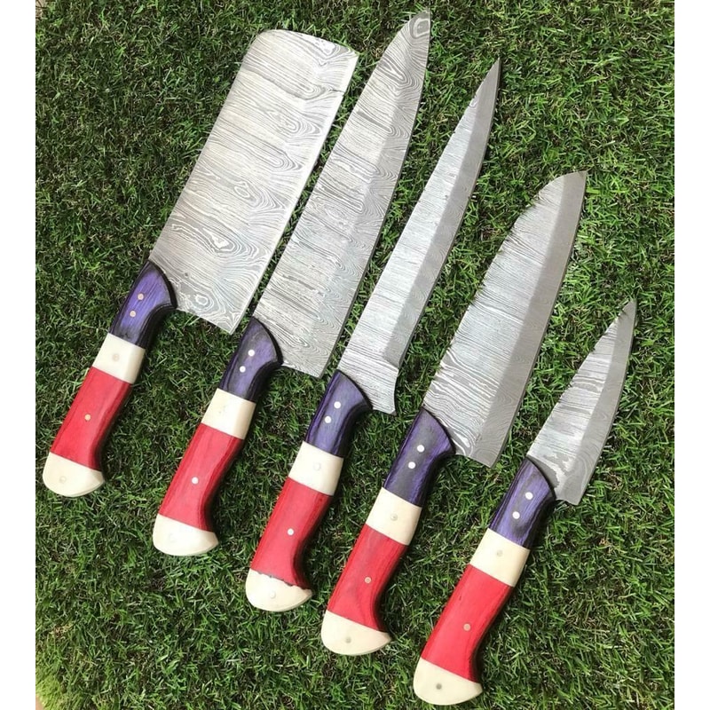 Handmade Damascus Chef Knives With Wooden Handle 5 Piece Set 2