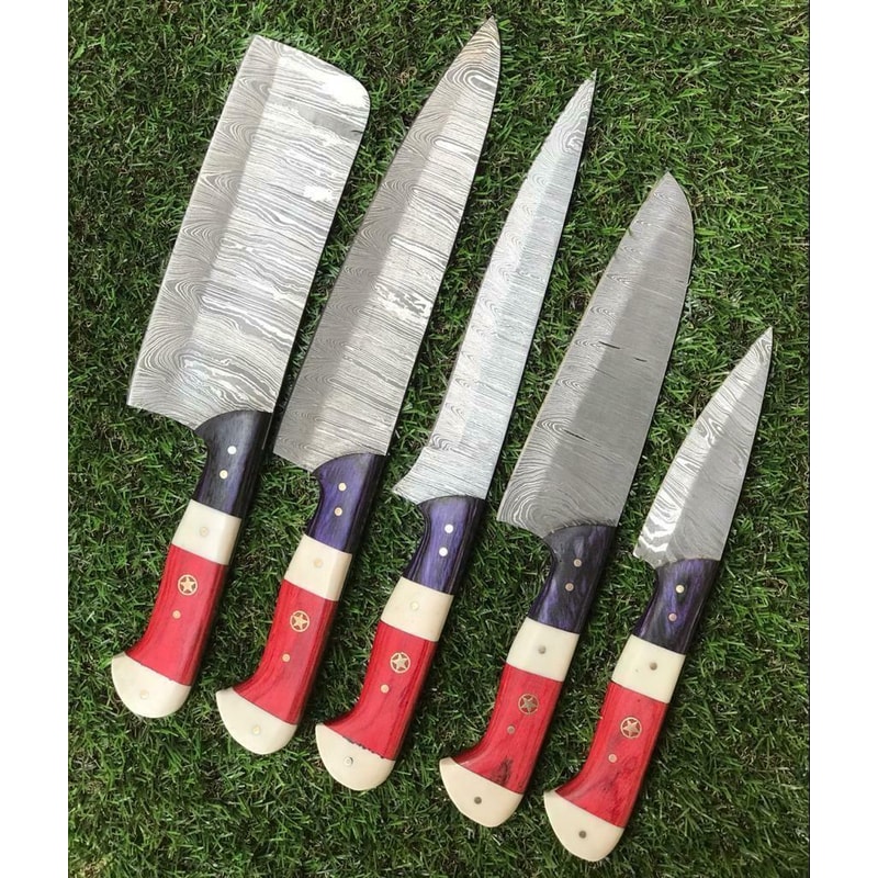 Handmade Damascus Chef Knives With Wooden Handle 5 Piece Set 0