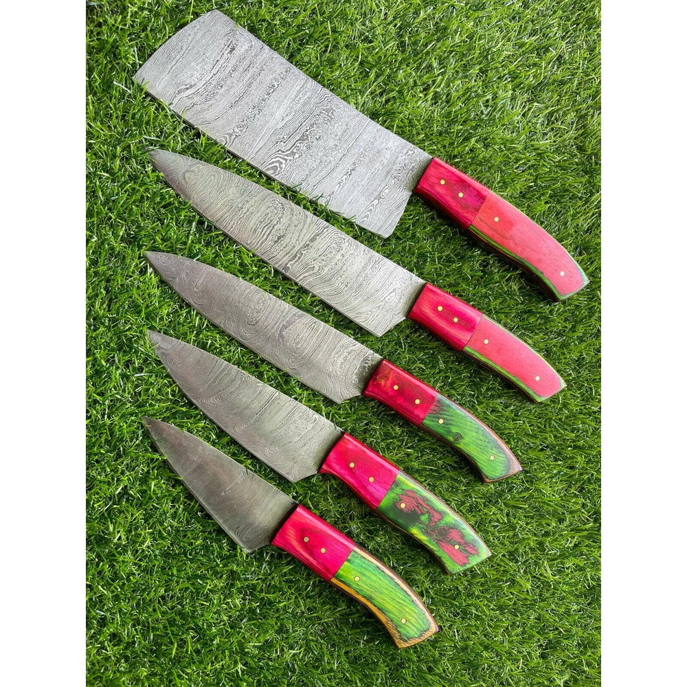 5 PCS Handmade Damascus Steel Chef Knives With Wooden Handles 0