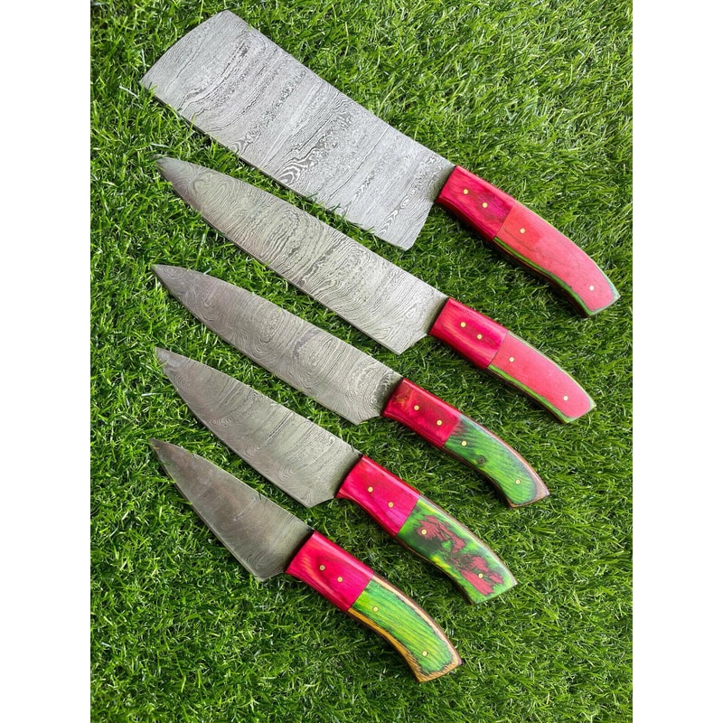 5 PCS Handmade Damascus Steel Chef Knives With Wooden Handles 0